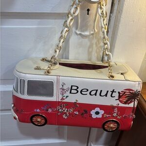 Stylish Red and Cream Bus-Shaped Shoulder Bag